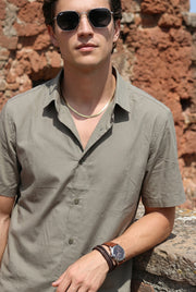 Olive Solid Band Collar Half Sleeve Cotton Men's Shirt