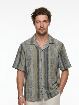 Multi Stripes Cuban Collar Solid Cotton Oversized Men's Shirt