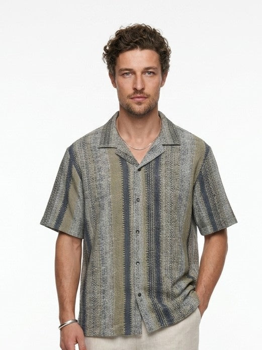 Multi Stripes Cuban Collar Solid Cotton Oversized Men's Shirt