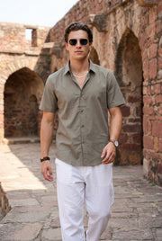 Olive Solid Band Collar Half Sleeve Cotton Men's Shirt