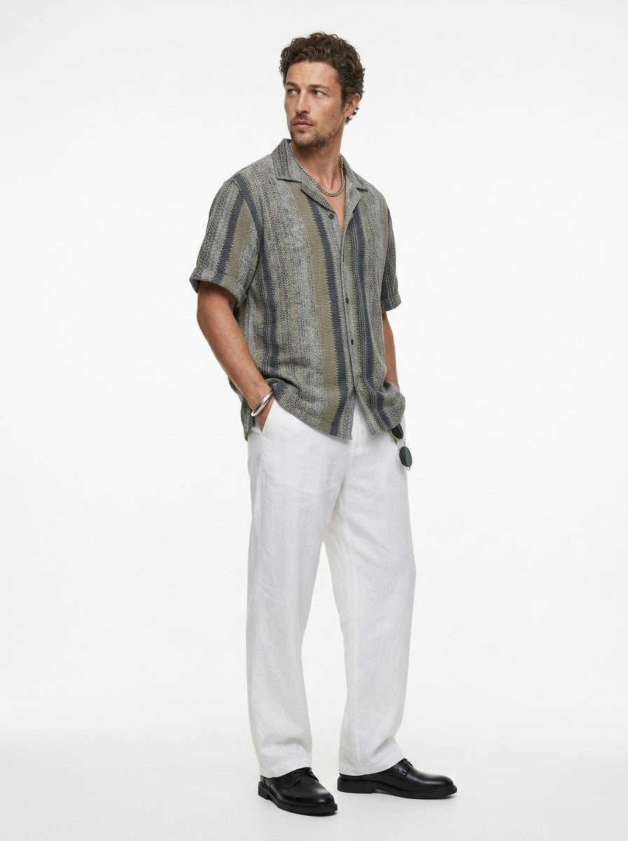 Multi Stripes Cuban Collar Solid Cotton Oversized Men's Shirt