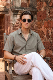 Olive Solid Band Collar Half Sleeve Cotton Men's Shirt