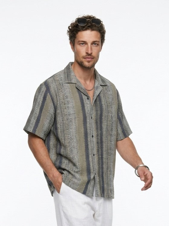 Multi Stripes Cuban Collar Solid Cotton Oversized Men's Shirt