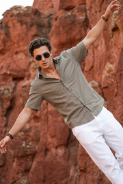 Olive Solid Band Collar Half Sleeve Cotton Men's Shirt