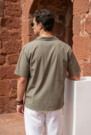Olive Solid Band Collar Half Sleeve Cotton Men's Shirt