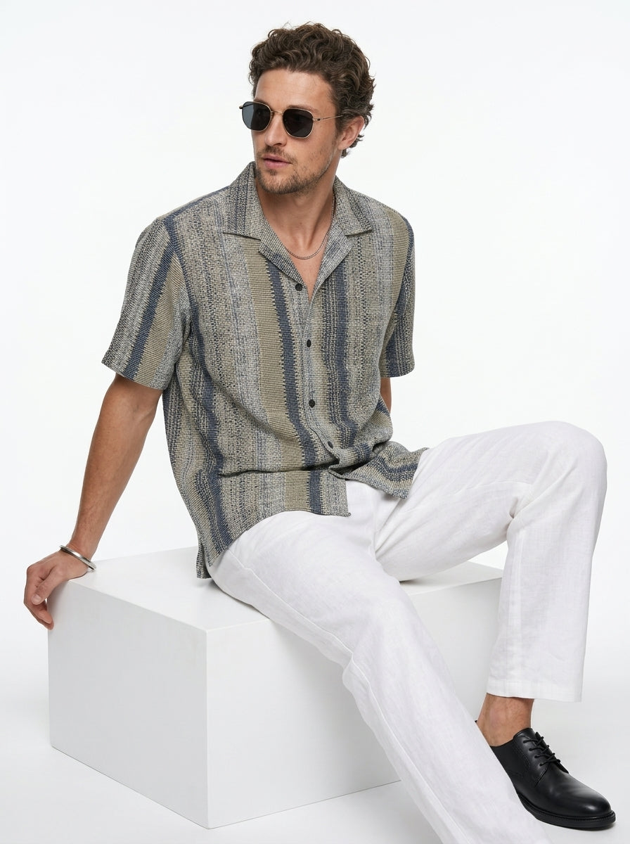 Multi Stripes Cuban Collar Solid Cotton Oversized Men's Shirt