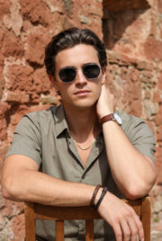 Olive Solid Band Collar Half Sleeve Cotton Men's Shirt