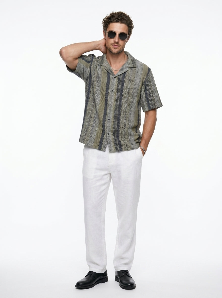 Multi Stripes Cuban Collar Solid Cotton Oversized Men's Shirt