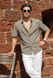 Olive Solid Band Collar Half Sleeve Cotton Men's Shirt