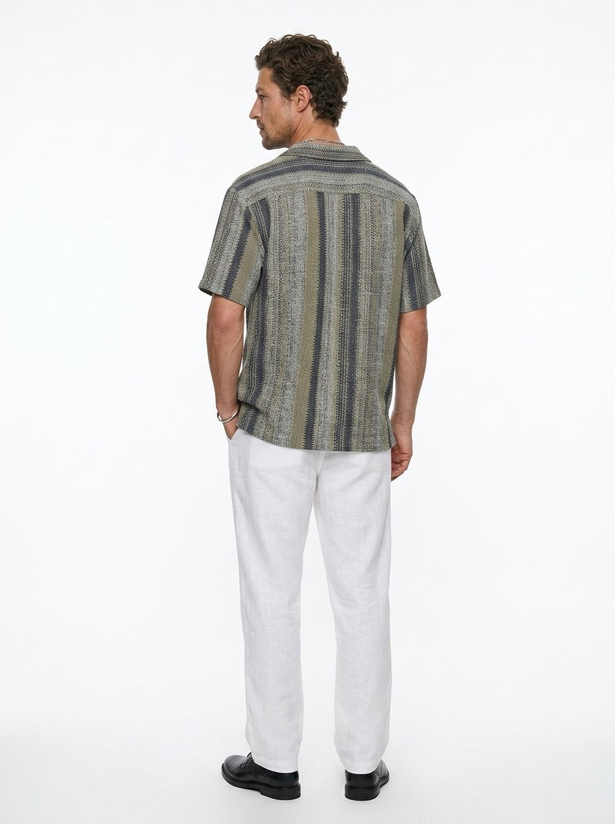 Multi Stripes Cuban Collar Solid Cotton Oversized Men's Shirt