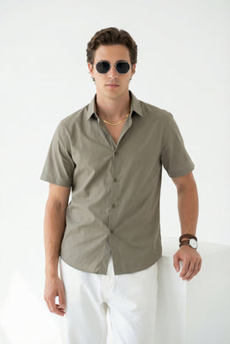 Olive Solid Band Collar Half Sleeve Cotton Men's Shirt