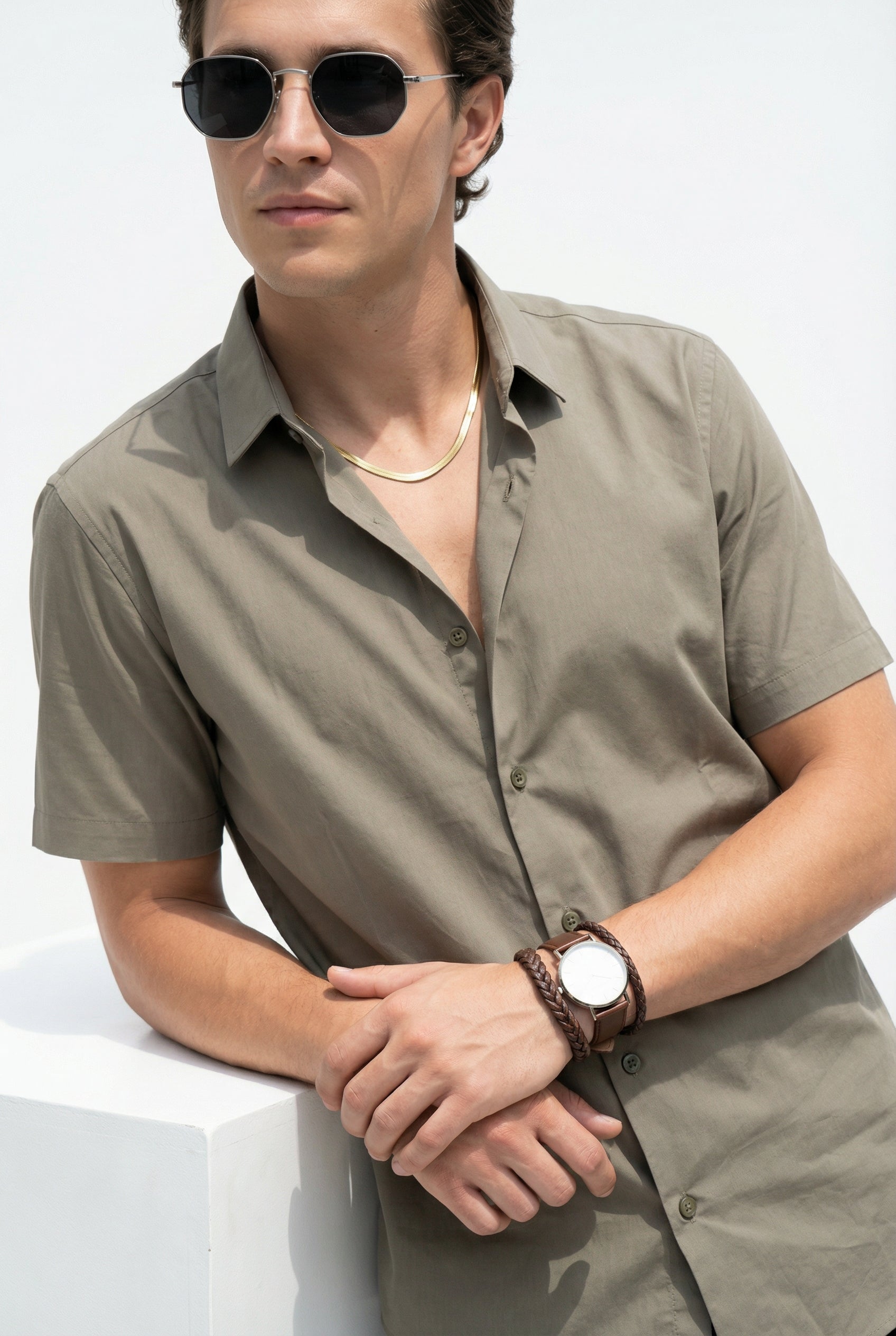 Olive Band Collar Solid Print Short Sleeve Cotton Men's Shirt