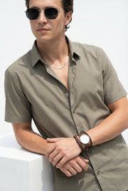 Olive Solid Band Collar Half Sleeve Cotton Men's Shirt