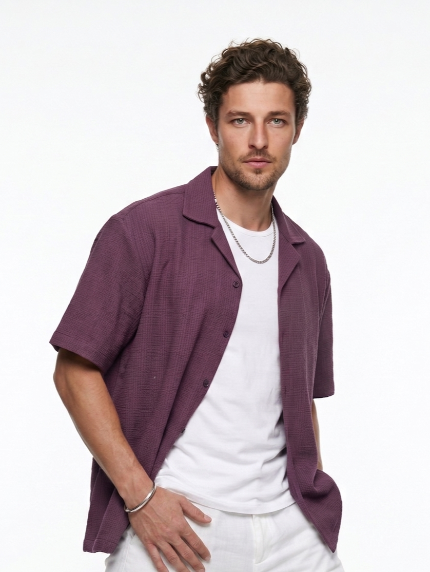 Mauve Cuban Collar Solid Cotton Oversized Men's Shirt