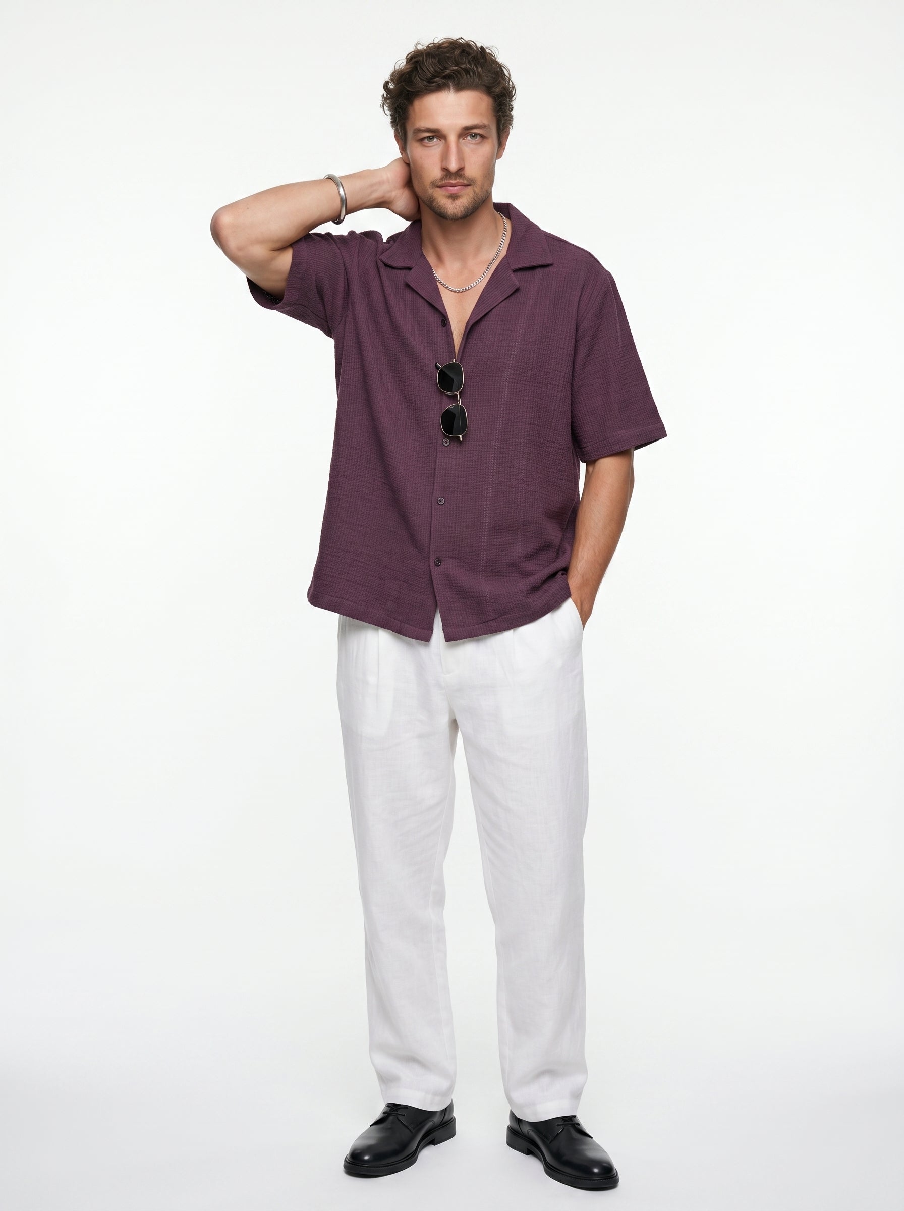 Mauve Cuban Collar Solid Cotton Oversized Men's Shirt