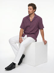 Mauve Cuban Collar Solid Cotton Oversized Men's Shirt