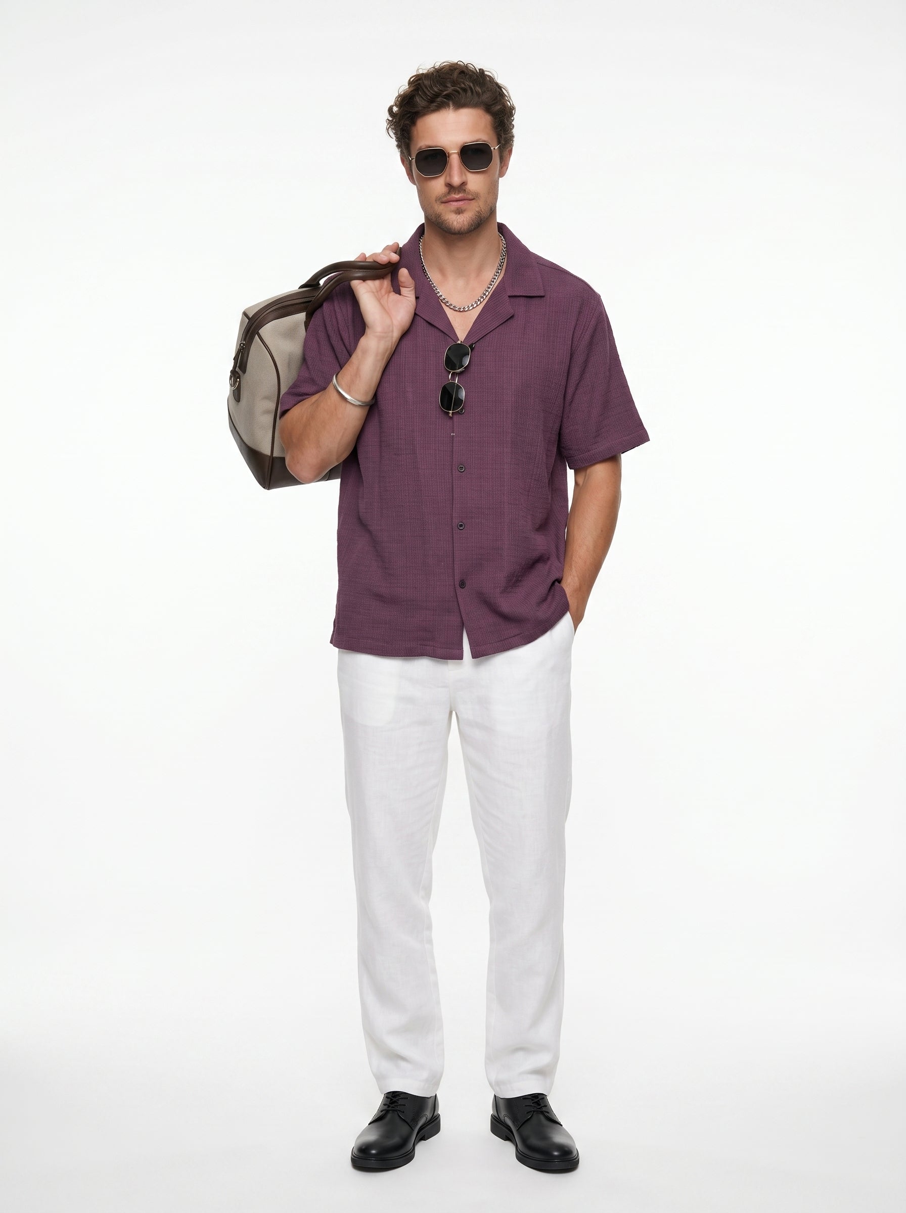 Mauve Cuban Collar Solid Cotton Oversized Men's Shirt