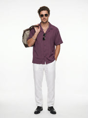 Mauve Cuban Collar Solid Cotton Oversized Men's Shirt