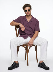 Mauve Cuban Collar Solid Cotton Oversized Men's Shirt