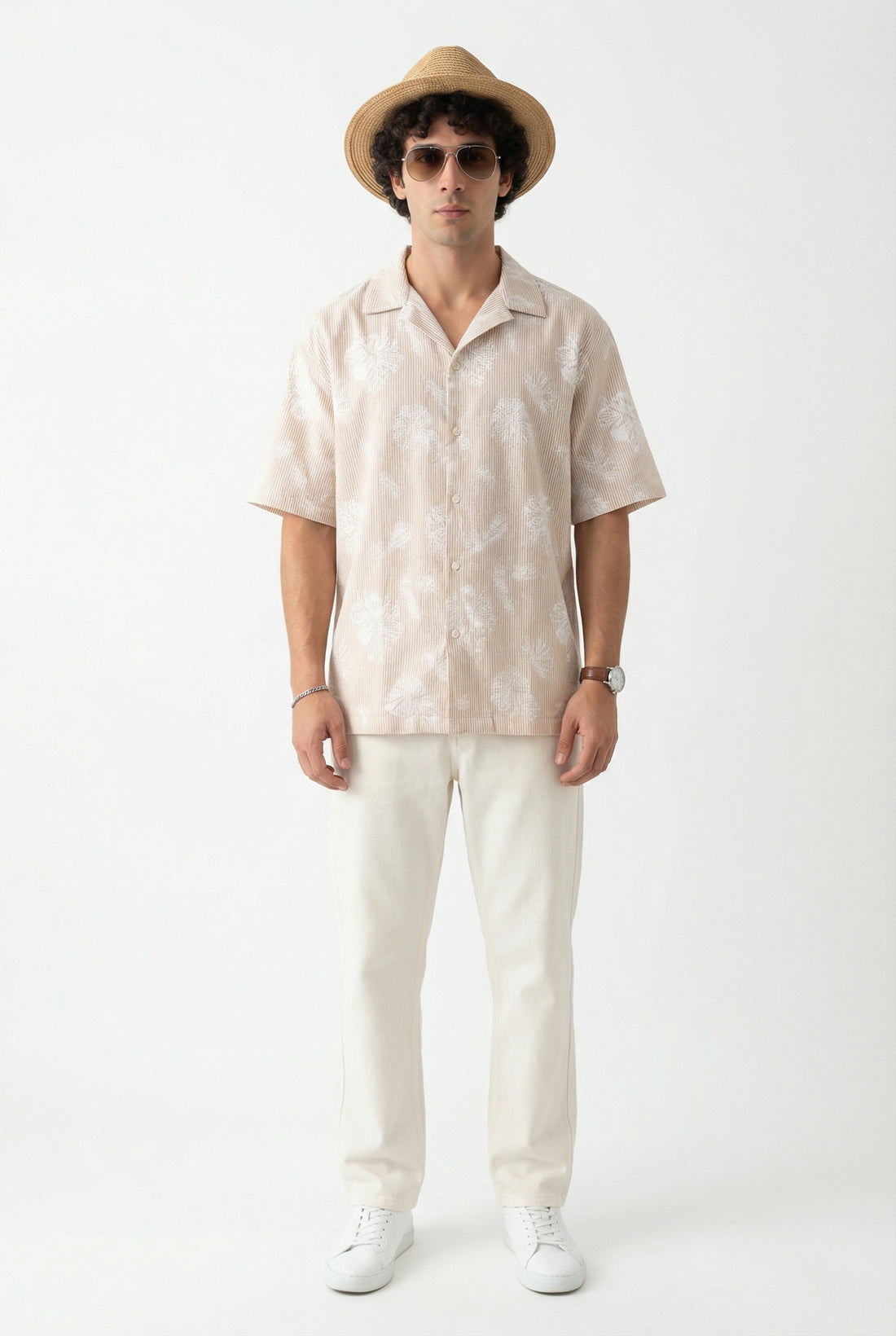 Brown Floral Cotton Cuban Men's Shirt (Handloom Fabric)