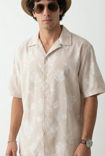 Brown Floral Cotton Cuban Men's Shirt (Handloom Fabric)