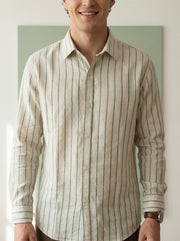 Green Striped Band Collar Handloom Cotton Men's Shirt