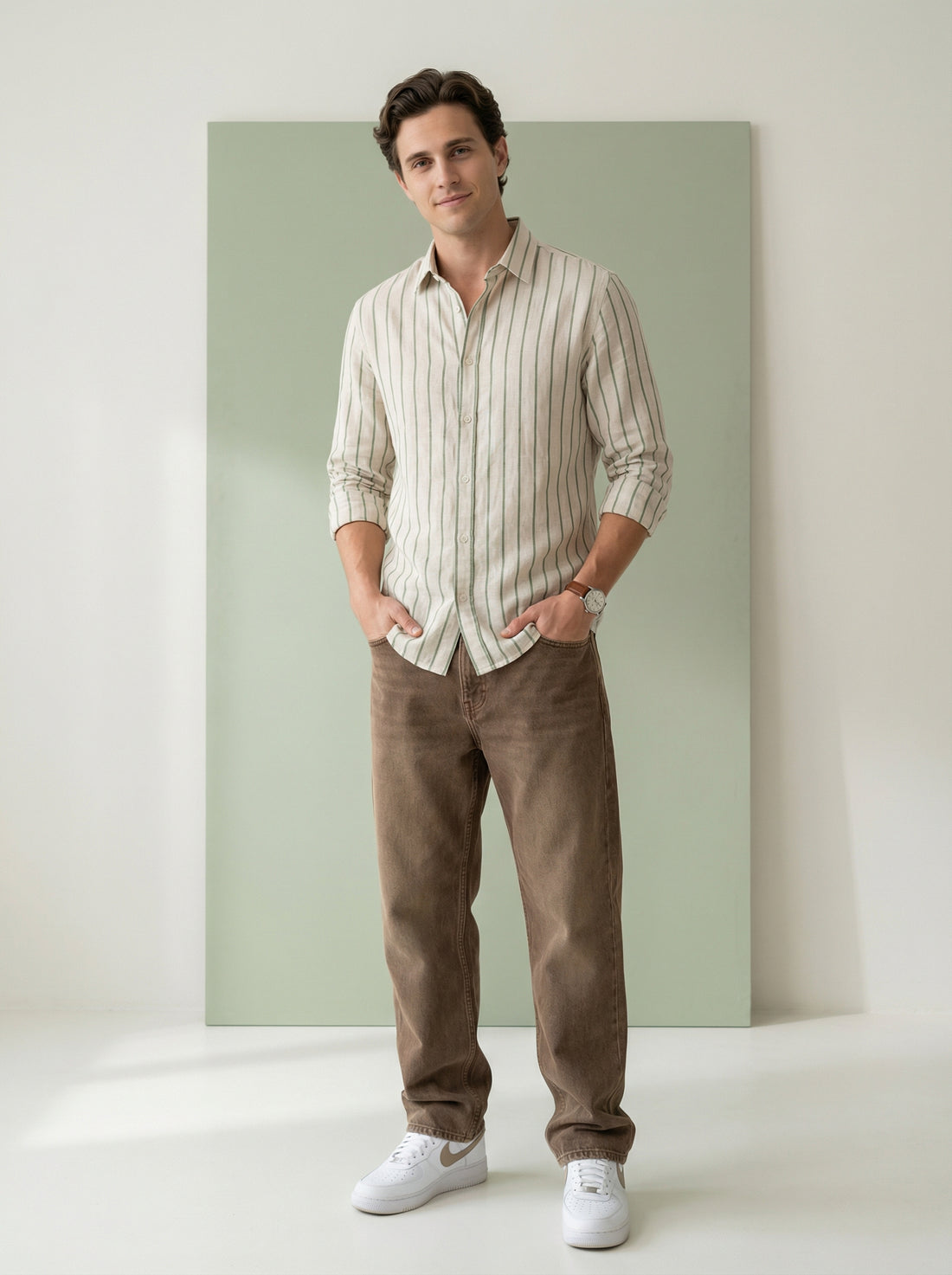 Green Striped Band Collar Men's Shirt (Handloom Fabric)