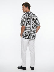 White Floral Print Cuban Collar Half Sleeve Cotton Men's Shirt