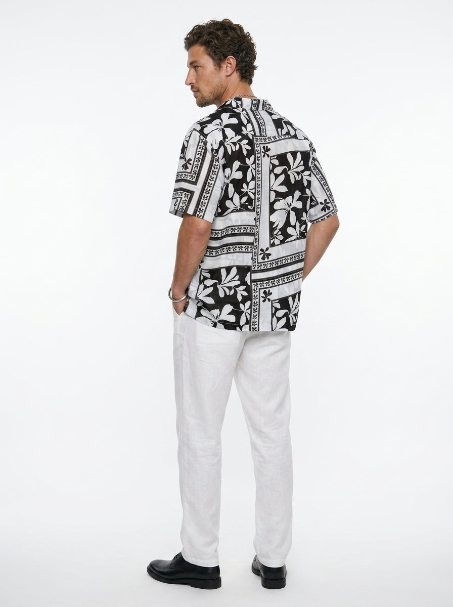 White Floral Print Cuban Collar Half Sleeve Cotton Men's Shirt