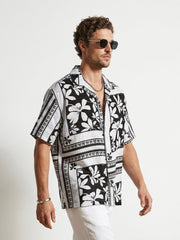 White Floral Print Cuban Collar Half Sleeve Cotton Men's Shirt