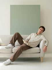 Green Striped Band Collar Handloom Cotton Men's Shirt