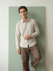 Green Striped Band Collar Handloom Cotton Men's Shirt