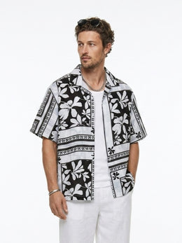 White Floral Print Cuban Collar Half Sleeve Cotton Men's Shirt