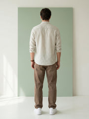Green Striped Band Collar Handloom Cotton Men's Shirt