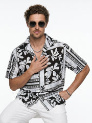 White Floral Print Cuban Collar Half Sleeve Cotton Men's Shirt
