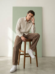 Green Striped Band Collar Handloom Cotton Men's Shirt