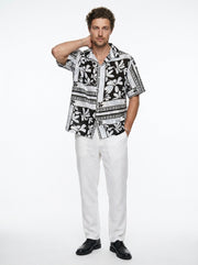 White Floral Print Cuban Collar Half Sleeve Cotton Men's Shirt