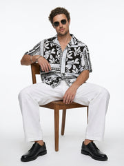 White Floral Print Cuban Collar Half Sleeve Cotton Men's Shirt