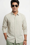 Green Striped Band Collar Handloom Cotton Men's Shirt