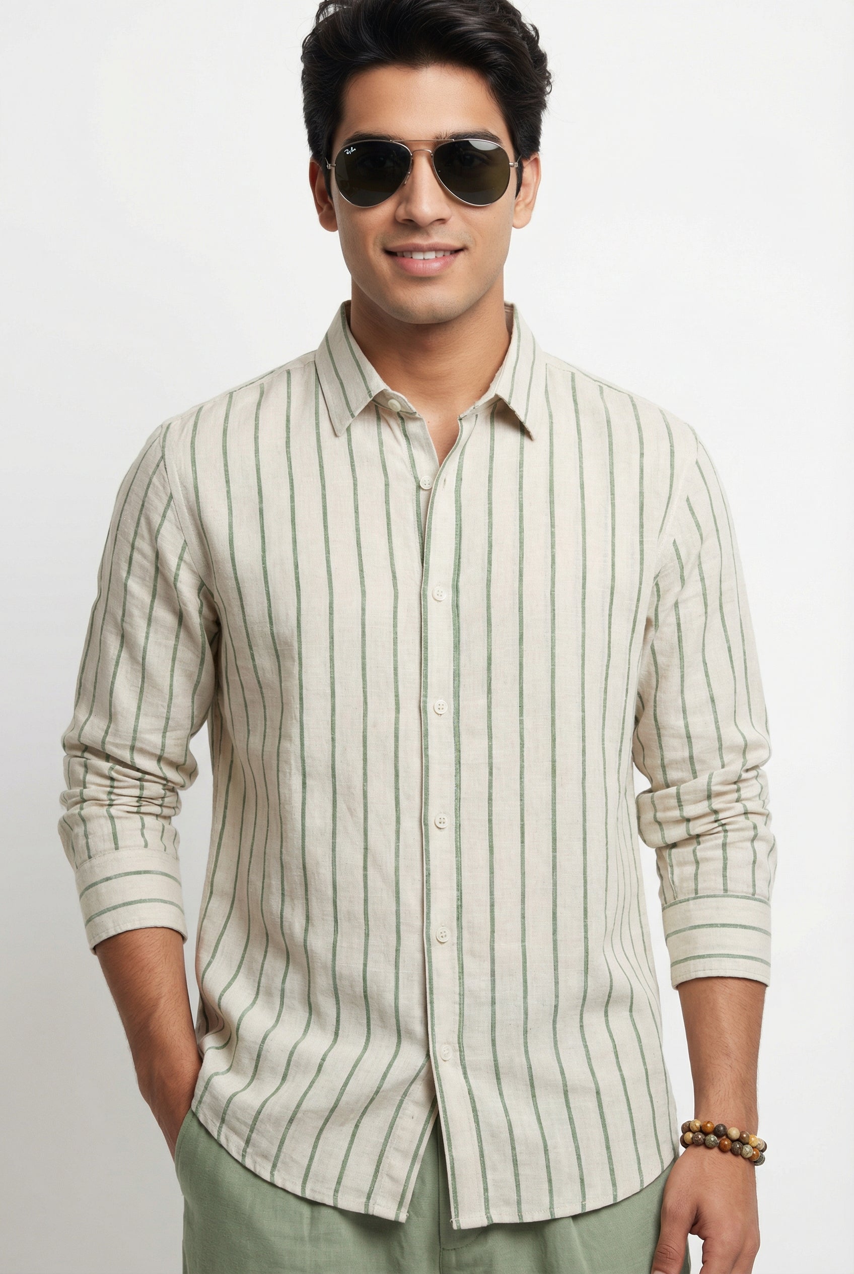 Green Striped Band Collar Men's Shirt (Handloom Fabric)