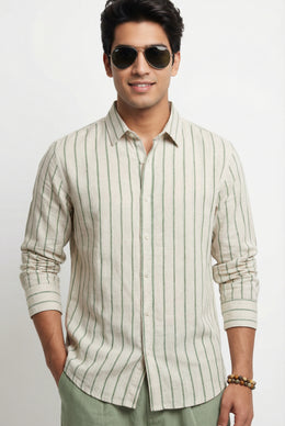 Green Striped Band Collar Handloom Cotton Men's Shirt