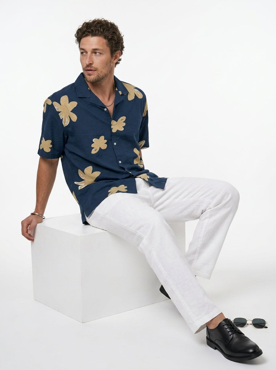 Blue Floral Print Cuban Collar Cotton Men's Shirt