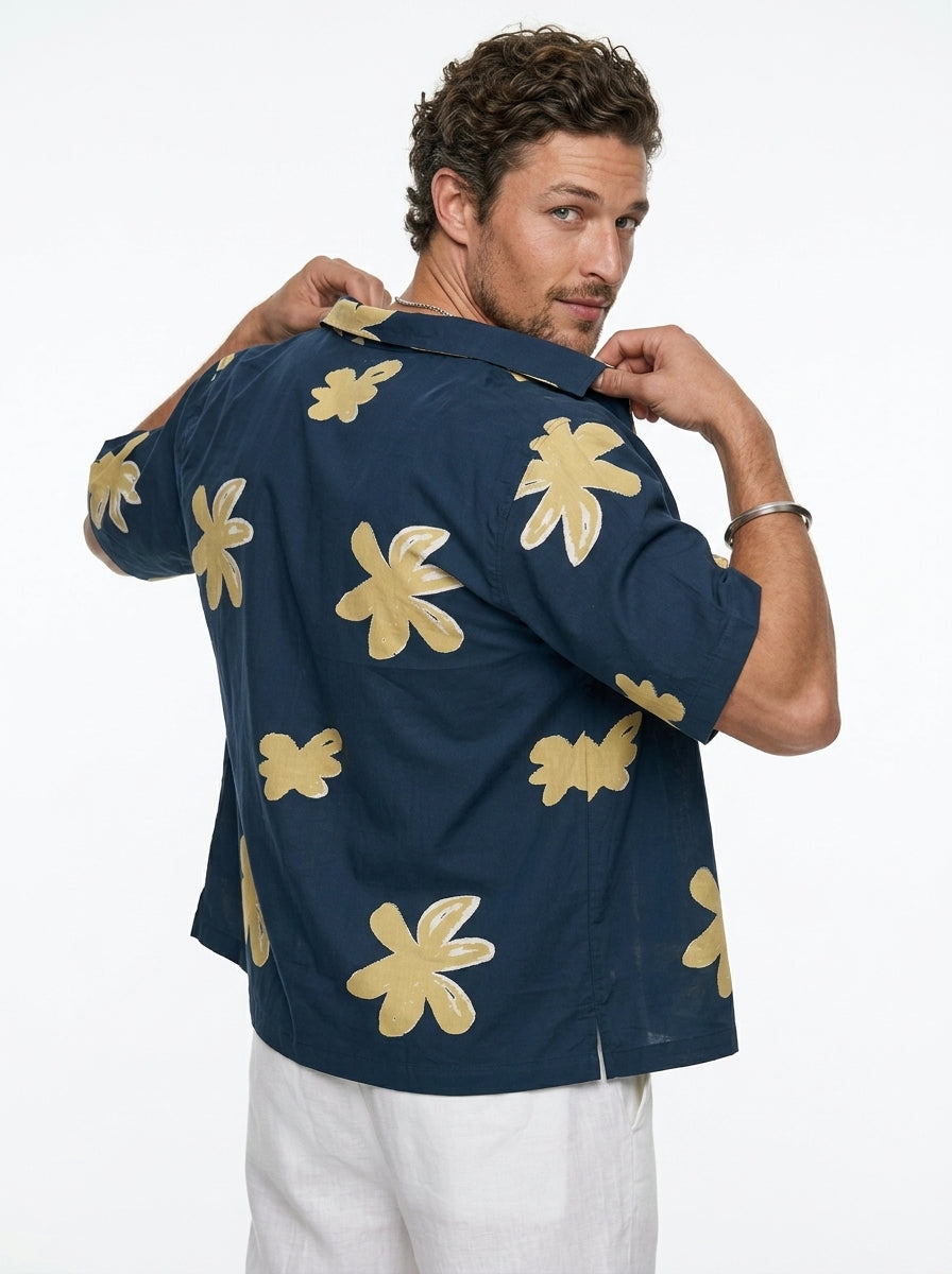 Blue Floral Print Cuban Collar Cotton Men's Shirt