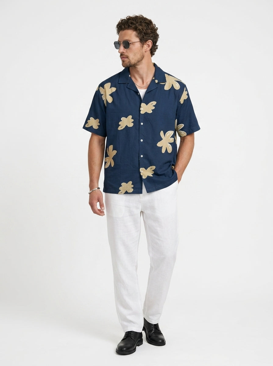 Blue Floral Print Cuban Collar Cotton Men's Shirt