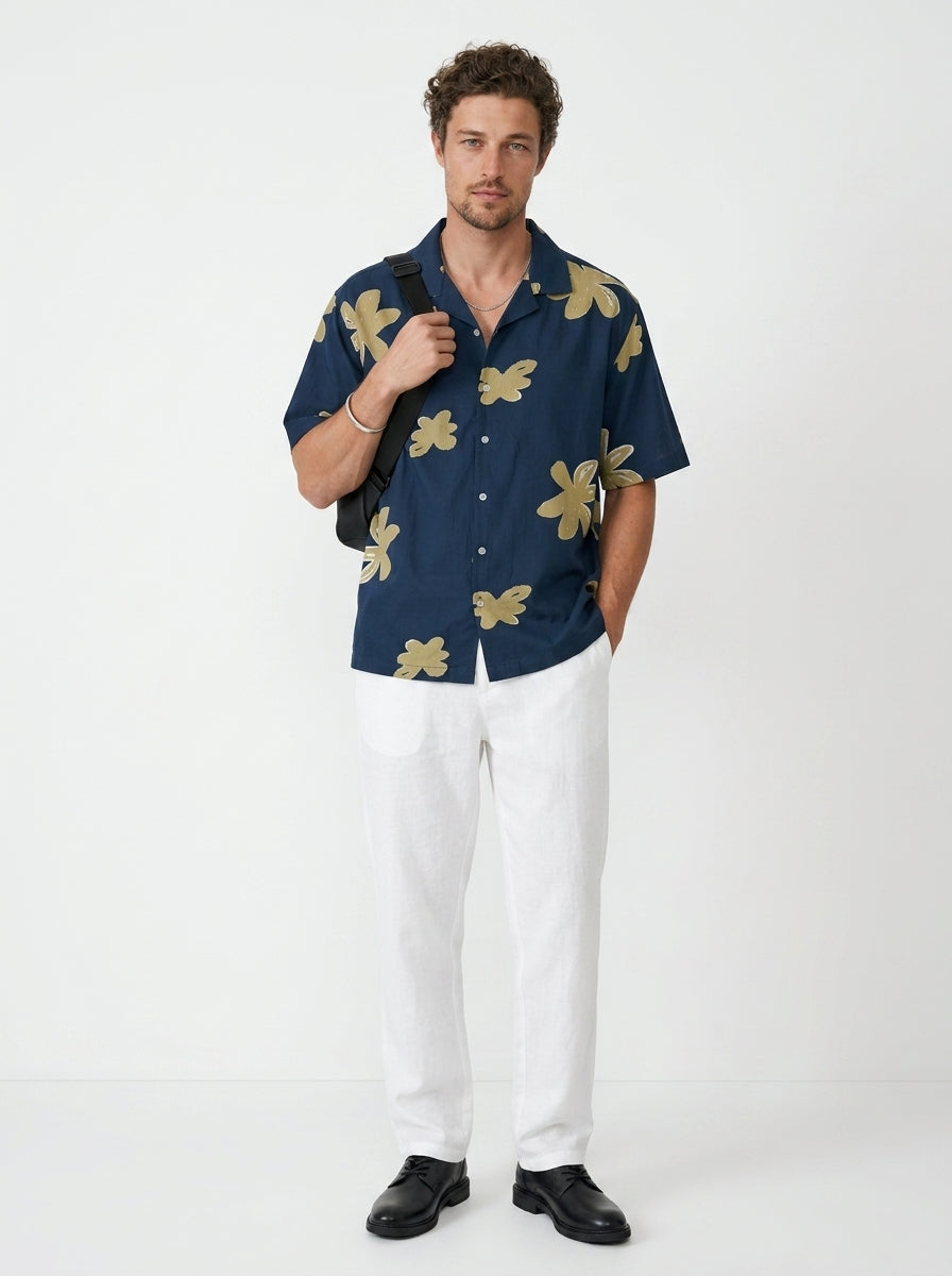 Blue Floral Print Cuban Collar Cotton Men's Shirt