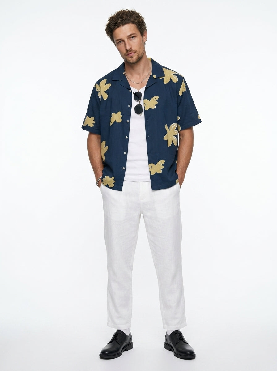 Blue Floral Print Cuban Collar Cotton Men's Shirt