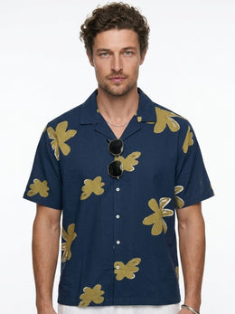 Blue Floral Print Cuban Collar Cotton Men's Shirt
