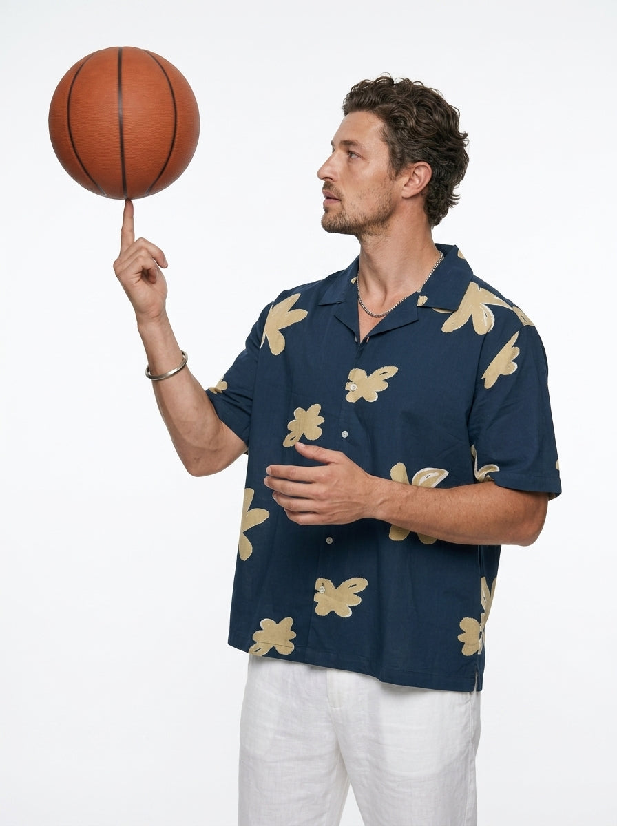 Blue Floral Print Cuban Collar Cotton Men's Shirt