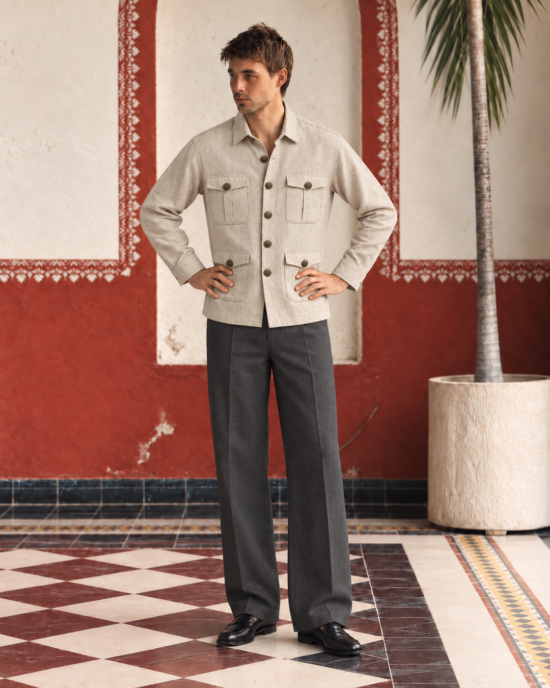 Beige Linen Shirt Collar Solid Hunter Men's Shirt