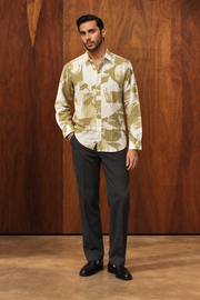 Green Band Collar Abstract Print Cotton Long Sleeve Shirt For Men
